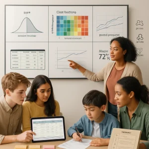 Photorealistic editorial scene of a modern, diverse classroom where a teacher gently points to a multi-panel wall screen: a bell curve annotated with mean and standard deviation showing small vs large dispersion, a colorful class heatmap with students on the y axis and competencies on the x axis, thin progress line charts with one trajectory highlighted and labeled growth percentile, and a bar/distribution panel showing mastery rate 72% with mean ± SD — all panels labeled legibly. In the foreground a small group of students confer around a table with tablets, one tablet showing a tidy tracker spreadsheet (student, competency, baseline, checkpoints, current level, growth, next action) and sticky notes reading reteach, conference, extension; a student portfolio folder with dated work samples and a simple 4‑level rubric card is visible as the teacher leans in scaffoldingly while a student self-assesses on a checklist. Subtle icons suggest actions like group, scaffold, enrich; warm natural light, shallow depth of field and clean editorial composition leave a calm empty area for a headline.