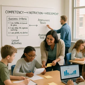 Photorealistic, candid classroom scene showing a diverse teacher at a large whiteboard/poster labeled "Competency → Instruction → Assessment" with student-friendly success criteria and arrows linking activities to assessment tasks. Groups of students work at tables with mini whiteboards, rubric sheets, sticky exit tickets and laptops displaying a grade-distribution chart and item-analysis bars; one student writes a self-reflection while peers give rubric-based feedback and another group completes guided practice. The teacher leans in to hand a written feedback note as warm natural daylight fills the room; shallow depth of field and clean negative space in the upper-left leave room for an article headline.