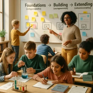 Photorealistic editorial hero of a sunlit, modern classroom where a diverse teacher and students move through a clear competency sequence. A large wall progression map labeled Foundations → Building → Integrating → Extending anchors the scene while a small group conducts a hands‑on science experiment in the foreground, midground students create concept maps and reflective journals, and a student presents a mini project in the background. Candid collaborative moments, visible sticky notes, rubrics, checklists and portfolios, warm natural light and shallow depth of field convey authentic, scaffolded learning in high‑resolution detail ideal for an article cover.