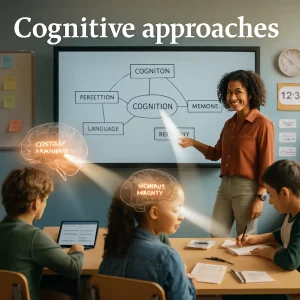 Photorealistic horizontal image of a modern classroom where a diverse teacher points to a large, clear concept map on a smartboard while small groups of students collaborate at tables. Subtle translucent brain graphics float above students' heads, showing glowing synapses and small boxed "working memory" slots (some full, some empty) with a soft spotlight beam representing attention focused on the board. Classroom cues—labeled sticky-note chunks, a countdown timer, flashcards, a short exit-ticket on a student's desk, and a worked-example worksheet on a tablet—signal active cognitive strategies. Warm natural light and shallow depth of field keep the teacher and concept map in sharp focus; the clean, professional composition is magazine-ready and highlights attention, memory, and collaborative sense-making.