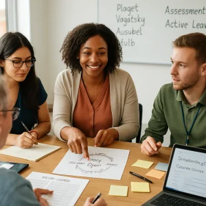 A warm, photorealistic scene of a small, diverse group of classroom teachers gathered around a wooden table strewn with a printed course map, lesson‑plan templates, sticky notes, pens and devices (tablet displaying Top Teacher Theory 1 — Course overview). The lead instructor smiles and points to a simple sketch of a lesson cycle on a whiteboard listing Piaget, Vygotsky, Ausubel, Kolb, Assessment and Active Learning while colleagues take notes and discuss, conveying a candid, practical snapshot of friendly teacher professional development.