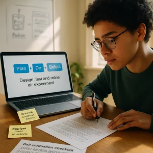 A warm, editorial photoreal image of a thoughtful student at a wooden desk, captured mid-shot as they write margin notes on a printed short article. A laptop beside them shows a clear multi-stage assessment flowchart labeled Plan → Do → Reflect and the instruction Design, test and refine an experiment; sticky notes read 2-minute margin notes and Explain your thinking; a printed self-evaluation checklist asks Did I identify claims? Evidence? Counter-arguments?; a softly blurred whiteboard in the background sketches an experiment plan and annotated rubric, natural window light and shallow depth of field emphasize focused, competence-oriented study over rote recall.