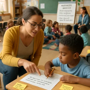 An intimate editorial photograph of a diverse elementary classroom: a compassionate teacher kneels to a student's level, pointing to a worksheet with a visible margin note that reads "You organized your ideas and used two pieces of evidence — that made your point clear." On a nearby desk a small handwritten one-minute note says "You tried three strategies before asking — great problem-solving." In the sunlit background a circle-time group sits on a rug as the teacher leads a restorative conversation beside a flip chart that lists the questions: "What happened? Who was affected? What needs to be done? What will you do differently?" A tiny unexpected thank-you note on another desk — "Thanks for helping Sara." — completes the candid, high-resolution scene of care, growth, and classroom texture.