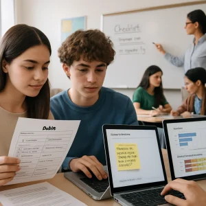 Photorealistic close-up of two diverse high-school students practicing peer assessment with a printed rubric showing clear items and sentence-stem prompts like 'You did well at X. To improve, try Y.' One student types a one-paragraph learning reflection on a laptop; a sticky note on the screen reads the metacognitive prompt 'What did I try? What worked? What will I do differently next time?' Mid-ground: the teacher models grading on a whiteboard with a sample model answer and checklist and reviews a tablet displaying a simple bar chart labeled class mean and standard deviation and an item-analysis heatmap highlighting commonly missed questions. Background: a small-group re-teaching mini-lesson with scaffolded worksheets and an extension task for advanced students. Warm natural light, shallow depth of field, clean composition with slight negative space for an article headline; professional, clear, journalistic photorealism.