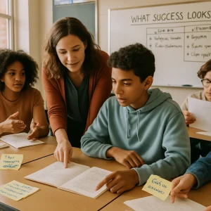 Warm, candid editorial photograph of a diverse high‑school classroom where metacognitive formative assessment is alive: a teacher leans in to give concise face‑to‑face feedback as a student points to an open notebook showing a worked math problem with step‑by‑step reasoning; two students across the table compare different solution papers in a lively debate, while another circles a peer's error and slips a sticky note that reads "Find the mistake". In the background a whiteboard displays a clear rubric and success criteria titled "What success looks like", desks are scattered with sticky prompts like "I notice / I wonder / I suggest" and "Which part was hardest? How will you fix it? / What will you do next time?", and soft natural window light with shallow depth of field gives the scene warm, documentary realism.
