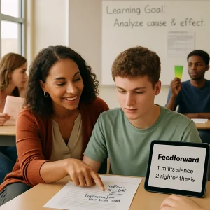Photorealistic classroom vignette showing a warm, diverse teacher kneeling beside a student as they study an annotated essay with visible handwritten notes like 'Specific: link evidence to claim' and 'Next step: revise intro — add context.' Nearby peers trade a printed rubric and whisper feedback while another student raises a green/yellow/red traffic-light card; a tablet displays concise feedforward bullets ('1) add evidence 2) tighten thesis'). Soft natural window light, warm tones, and a shallow depth of field emphasize the teacher's hand pointing at the paper and the readable comments; the whiteboard behind reads 'Learning Goal: Analyze cause & effect' with a posted rubric chart. Cinematic, high-resolution, inclusive, and editorially composed — ideal for an article header about effective feedback, assessment, or classroom practice.