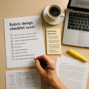 Photorealistic overhead of a teacher’s desk focused on a printed “Rubric design checklist (quick)” with several boxes checked and a hand marking another; a crisp 4×4 rubric grid and student exemplar pages, sticky notes listing common mistakes paired with fixes, a blurred laptop, coffee and highlighter rest in warm window light. Shallow depth of field and clean negative space on the right invite an article headline, capturing the calm, practical work of designing clear, measurable assessment.