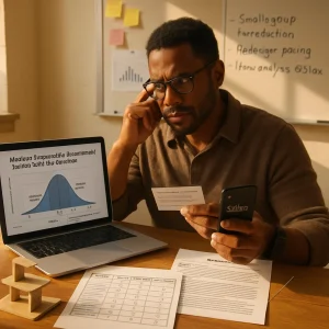 Photorealistic editorial of a thoughtful teacher bathed in warm sunlight, medium-close at a classroom desk reviewing summative results: a laptop screen clearly legible with a student-performance dashboard and histogram/bell curve annotated "Mean = 72, SD = 12" with highlighted high/low dispersion; a printed rubric (Knowledge & Application, Process & Collaboration, Metacognition, Communication 0–4) with checked boxes beside a student prototype, mini research report and 500-word reflection sheet. Sticky notes and a whiteboard in the background show clear next steps ("Small-group remediation", "Redesign pacing", "Item analysis: Q3 low") with a simple item-analysis chart pinned nearby; the teacher holds a handwritten feedback card while a phone displays "3–10 min conferences". Warm natural light, shallow depth of field and realistic textures frame an inclusive classroom scene that communicates evidence-driven interpretation, targeted feedback and instructional next steps.