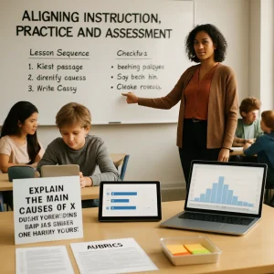 Photorealistic editorial scene of a diverse teacher standing between a whiteboard and a laptop, pointing to a clear step-by-step lesson sequence and scaffolded sub-skills checklist while small student groups collaborate on a real-world project. In the foreground printed rubrics and a visible success-criteria poster read "Explain the main causes of X in two paragraphs and cite at least one primary source," sticky-note exit tickets sit in a tray, students use tablets showing a live poll/quick-quiz bar, and the teacher's laptop displays a clean histogram and chart with mean, standard deviation and highlighted common errors. Warm natural light, shallow depth of field and crisp composition balance instruction, formative practice and summative data for an editorial illustration.