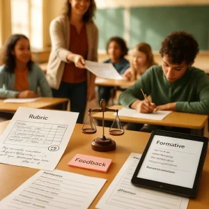 Photorealistic classroom close-up in warm natural light focusing on a teacher's desk: a printed rubric with checkboxes and a circled summative grade, handwritten narrative comments, colorful sticky notes labeled Feedback, a planner sheet listing Competency, Success criteria, Summative task, Rubric dimensions, Key formative checks, Feedback methods and Adjustments planned, and a tablet screen showing formative feedback and revision notes. A small balanced scale model sits among the papers, symbolizing fairness between grades and motivation. In soft-focus background a smiling teacher hands a paper to a diverse group of engaged students, one revising work; expressions of encouragement and focus, shallow depth of field and candid composition emphasize supportive assessment, equity and motivation.