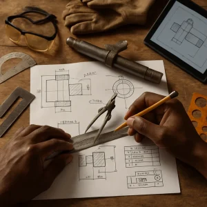 Photorealistic close-up of a learner's hands drafting precise orthographic and sectional engineering drawings on white paper, transferring measurements from a worn metal shaft with a wooden pencil, steel scale, compass and divider; scattered low-cost tools and a tablet showing a basic CAD model sit on a textured wooden bench bathed in warm natural light, safety gloves and goggles in the background - a portrait of practical, low-resource fabrication and hands-on engineering documentation.