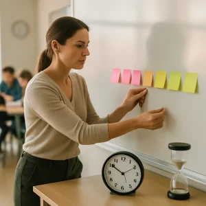 A teacher carefully aligns color-coded sticky notes into a horizontal timeline on a whiteboard as an analog wall clock and a small hourglass quietly mark passing time; in the softly blurred background, small groups of students trade feedback during short active cycles. Warm daylight and shallow depth of field create a high-detail, calm editorial scene that celebrates focused, collaborative learning.