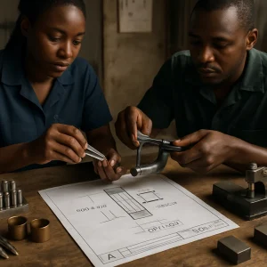A photorealistic header shot of a modest African mechanic's workshop bathed in warm daylight: a crisp technical drawing lies open on a wooden workbench with legible dimensioning and tolerances (Ø20.00 +0.05/−0.02, Ø30 H7/g6, 50 ±0.02). In razor-sharp focus two African technicians — male and female — collaborate: one holds a micrometer measuring a steel shaft while the other checks a mating bore with a vernier caliper and a feeler gauge. Nearby pin gauges, reamers, bronze split bushings, a small arbor press/vice, a worn leather tool roll and simple jigs show realistic metal and oil textures. Shallow depth of field keeps the drawing and hands razor-sharp against a slightly blurred concrete floor, corrugated wall and simple posters, emphasizing practical, low-resource engineering, measurement, tolerances and repairability.