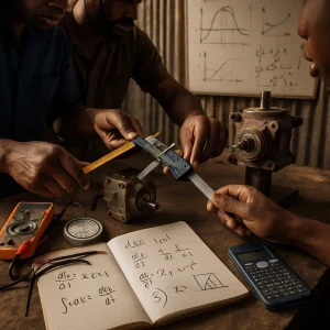 Close-up editorial scene of two African vocational learners and an instructor collaborating over a car part in a small, resource-constrained auto workshop — warm natural light catches hands using a tape measure and vernier calipers while a stopwatch and multimeter rest on a worn wooden bench. An improvised test stand built from local materials holds a small engine component; an open notebook and calculator display clear, legible engineering math (unit conversions, derivative and integral symbols, a simple first-order differential equation, 's' Laplace notation, a complex-number phasor sketch and a small statistics chart). A whiteboard with sketched graphs and formulas, authentic gritty tools and corrugated walls, and a shallow depth of field create a human-focused, high-detail editorial header perfect for an article.