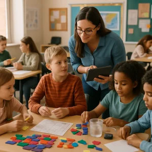 Photorealistic classroom scene of diverse 9-13-year-olds engaged in formative and summative assessment: a teacher circulates with a tablet, leaning to ask a student; small groups build fractions with colored tiles and run a simple measuring-cup experiment with a timer; some students jot reflections on sticky notes for peer checks while others complete a short paper task at a side table; rubric-like sheets and worksheets are visible but unreadable; warm natural light, shallow depth of field, candid interactions, authentic manipulatives and classroom details.
