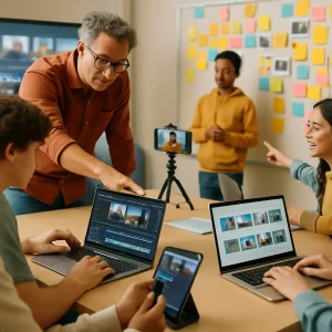 Photorealistic editorial scene of a modern classroom where a diverse group of secondary and college students and a teacher collaborate around a table with laptops and tablets. One student edits video with a visible timeline while another records audio with headphones and a small mic; a smartphone on a tripod films a short presentation; a large interactive touch screen in the background shows blurred multimedia thumbnails and timelines and a wall-sized collaborative board is covered in colorful sticky notes and image thumbnails. Students point and discuss around a laptop opened to a digital portfolio view with image thumbnails and progress bars, assessment is represented visually by colored dot stickers and checkbox marks, accessible seating and warm natural light give a candid, high-resolution, shallow-depth-of-field, clean modern classroom aesthetic.