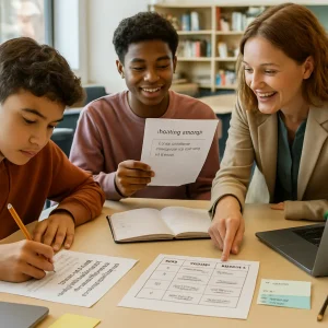 Bright, modern classroom header image showing a diverse group of secondary students clustered around a table—one student fills a worksheet asking "Solve and then write: which strategy did you use and why? Where did you check your work?", another holds a reading sheet with a visible two-sentence strategy report; an open lab notebook labeled "Plan / Monitored / Adjustment" and a printed 1–4 rubric with descriptors like "Explicit plan", "Monitoring", "Adjustment", "Evaluation" sit amid laptops, sticky notes and pens. A teacher leans in, pointing and encouraging; warm natural window light, shallow depth of field and high-detail horizontal composition convey collaborative, reflective learning and formative assessment in practice.