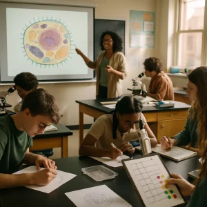 A candid classroom tableau: a teacher gestures toward a projected, wordless cell illustration while diverse 9th‑grade students work at microscope stations and lab benches—some sketching cells on blank worksheets and mini whiteboards, others ticking off unlabeled checkboxes on clipboards and placing colored sticky dots to mark success. Warm window light, shallow depth of field and subtle motion lend a documentary immediacy; authentic lab materials and natural gestures capture hands‑on discovery.