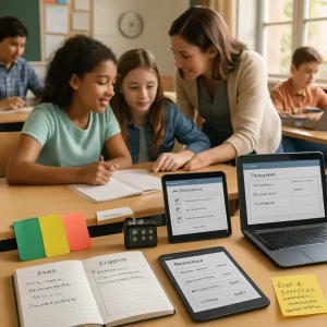 A warm, photorealistic middle-school classroom where a teacher moves between desks giving formative feedback while diverse students work in pairs. Foreground shallow-focus details show a pair’s traffic-light cards (green/yellow/red), an open two-line journal with left column “Plan” bulleted strategies and right column “Reflect” short notes, a weekly learning log labeled “worked / didn’t work / next-week goal,” a tablet displaying an LMS quick-check checklist and collaborative monitoring notes, another screen with a short quiz showing prompts “Prediction:” and “Reflection:”, and a small timer/phone reading 15:00 with a wall clock at midpoint implying a 30‑second check. A sticky praise note on the desk reads “Good job planning time limits; I noticed you checked assumptions.” Warm natural light, authentic textures and skin tones, high detail and an upbeat practical tone ideal for an article about classroom routines teachers can use tomorrow.