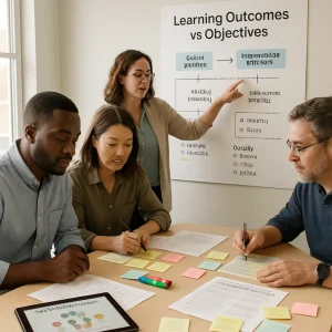 A photorealistic, high‑resolution editorial scene of a small, diverse group of teachers in a bright, modern classroom workshop collaboratively designing a competence-focused curriculum. They gather around a table strewn with printed lesson-plan forms, sticky notes, colored markers and tablets displaying a competency-map diagram; one teacher points to a large wall poster titled "Learning Outcomes vs Objectives" that shows a clear competence progression with milestones, arrows from guided to independent practice, visible checklists, a rubric and scaffold labels like "worked example" and "peer prompts" while others jot notes, arrange milestone sticky notes and review a printed student performance task. Warm natural daylight and shallow depth of field emphasize the inclusive, professional team; leave space at the top/left for a headline overlay.