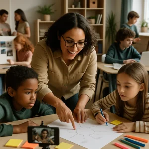A warm, documentary-style classroom moment: a teacher leans in, smiling and pointing to a blank template and sketched mind-map as two students collaborate among scattered sticky notes and pens. A smartphone on a tripod quietly records, while nearby a pair assembles an image-only poster and another student works on a laptop with slides blurred; a kitchen timer ticks down in the midground, and groups in the background trade peer feedback as one student glances at a phone. Natural window light, candid expressions and shallow depth of field emphasize the hands-on, project-based energy of a modern classroom.