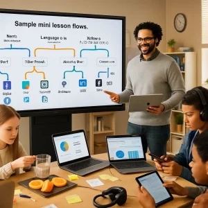 Photorealistic, high-resolution snapshot of a modern middle-school classroom during a mini-lesson workflow demo: a diverse teacher stands beside a large interactive screen displaying a colorful branching flowchart titled Sample mini lesson flows with Math (fractions), Language Arts (reading) and Science (conceptual physics) branches and Below-level / On-level / Above-level pathways; small, recognizable app icons are implied but non-legible. Students work in small groups with laptops and tablets — one measures ingredients and sliced fruit for a fractions recipe challenge, a pair reads aloud with headphones, another annotates a digital text on a tablet, a group runs a virtual physics simulation, and an individual records a Flip-style video — while the teacher reviews baseline diagnostics and a 10-minute formative-quiz results chart on a laptop. Desks scattered with sticky notes, printed mini-lesson cards, pens and headphones, warm natural lighting, shallow depth of field and authentic facial expressions and textures create a lively, human-focused portrait of differentiated, tech-rich instruction.