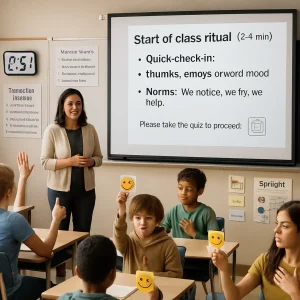 Sunlit, calm middle-school classroom captured during a 2-4 minute start-of-class ritual: diverse students sit engaged—some giving thumbs up, others holding emoji cards or offering a one-word mood—while the teacher stands beside a projection slide that reads exactly "Start-of-class ritual (2–4 min) — Quick check-in: thumbs, emojis, one-word mood. Norms: We notice, we try, we help." A small box on the slide reads "Please take the quiz to proceed:" with a quiz icon. Visible classroom systems include a digital countdown timer, a posted transition routine slide, a printed weekly rotation chart listing roles "Tech Captain, Materials Lead, Peer Mentor" with sticky-name tags, a "Spotlight" sign marking brief student check-ins, low-intensity attention signals (a raised palm, a hand-on-heart) and a tabletop chime; warm natural daylight, realistic textures and high-resolution editorial framing convey a calm, safe, predictable learning environment.