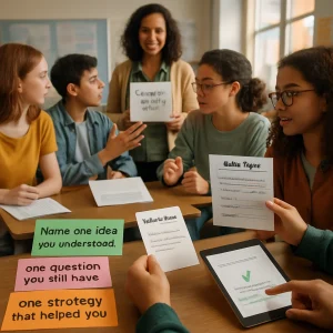Candid photoreal classroom scene of a lively formative-assessment session: a teacher scans a row of student mini whiteboards while diverse students work in think-aloud pairs (one explains aloud, partner listens and asks a clarifying question). In the foreground, colorful exit tickets clearly read "Name one idea you understood, one question you still have, one strategy that helped you" and a student holds a minute-paper with a one-sentence summary visible. Another student taps a tablet showing a low-stakes quiz with instant feedback (green check and brief explanation), while a small group exchanges rubric-based peer-feedback sheets with the sentence starters "I noticed..., I suggest..., I wonder..." Warm natural light, shallow depth of field, high-detail documentary realism, authentic school materials, and an energetic collaborative atmosphere.