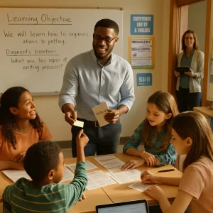 Sunlight pours into a diverse classroom where a confident, smiling teacher holds a small notebook labeled "Reflection" and slips a quick formative feedback note to a student. On the whiteboard a clear learning objective and diagnostic question guide small groups engaged in explain-back and hands-on tasks with tiered worksheets and sentence starters; a pupil completes a 60-second exit slip beneath growth-mindset posters while a colleague observes from the doorway with a tablet and an open laptop and stack of journals signal a culture of continuous improvement — a candid, high-resolution study of the practices that make a top teacher.