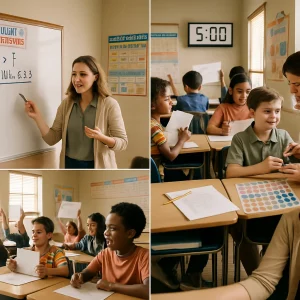 Photorealistic classroom montage — left: a warm, naturally lit teacher at the whiteboard thinking aloud and modeling multiplication strategies (skip-counting marks and 6×7 with the note double 6×3); center: whole-class guided practice with diverse students holding mini whiteboards and a visible 5:00 countdown timer on the wall for focused drills; right: the teacher crouched beside a student giving supportive corrective feedback and placing a small sticker on a chart labeled Mastery while another student beams; foreground: a small group working a multiplication word problem to show transfer. Candid documentary photographic style, shallow depth of field, high resolution, warm natural tones, colorful strategy posters, stopwatch, and gentle body language.