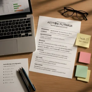 Photorealistic overhead shot of a tidy teacher’s desk centered on a single one-page action-plan titled "A short sample action plan (one-page template)" clearly readable in crisp typography. The page lists Assessment: "Quiz on solving linear equations — 20 pts", Analysis: "Mean 60% • SD 15 (moderate spread)", Common errors: "distributing negatives, combining like terms, misplacing constants", three differentiated groups with short tasks (Group 1: re-teach distributive law & guided practice; Group 2: strategy practice — multi-step problems with scaffolds; Group 3: extension — word problems & peer explanation), a Feedback section with an underlined comment "You made a good start. Watch signs when distributing — underline negatives and check by substituting a value.", a sticky note reading "Quick 1:1 this week", Re-check details "Mini-quiz of 5 problems next Tuesday; exit ticket: 'Which step did you check?'", reflection prompts for the teacher and a final reminders block about humane, actionable assessment and metacognition. Nearby are an open laptop showing a simple item-analysis spreadsheet and chart, a printed quiz sheet with linear equations, colored sticky notes, pens and glasses; soft natural window light, shallow depth of field, muted classroom tones and a clean modern aesthetic convey high-resolution photorealism.