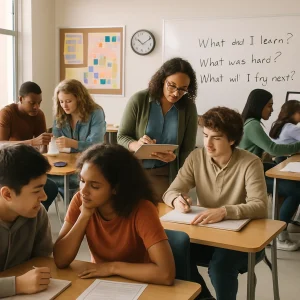 Photorealistic, high‑resolution editorial image of a sunlit modern middle/high‑school classroom where diverse students are fully engaged: pairs whispering and jotting notes in a think–pair–share, a small group racing a stopwatch to test a paper‑cup experiment, another team building a large concept map on paper and a digital whiteboard, and sticky‑note feedback from a gallery walk plastered on visible posters. A teacher circulates with a clipboard, leaning in to scaffold; a wall timer and a printed one‑page activity template sit on desks. The whiteboard’s metacognitive prompt "What did I learn? What was hard? What will I try next?" anchors the candid, documentary composition and editorial style, celebrating active, reflective learning.