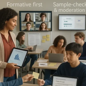 Photorealistic editorial view of a modern, diverse classroom blending in‑room and remote learners. A teacher moderates peer assessment, reviewing a tablet that shows combined peer+teacher scores and a highlighted wide‑spread histogram; small student pods and pairs work on laptops with shared documents and exemplar papers pinned to a wall chart. A breakout-room pair uses a polling widget projected on a laptop, an LMS rubric and double‑blind submission are visible on a screen, and sticky notes plus printed feedback model high‑quality comments. Role name cards read recorder and devil’s advocate, a quiet student receives a private encouraging note, and subtle overlays read Formative first and Sample‑check & moderation—natural light, shallow depth of field, high‑resolution, clean editorial style suitable for an academic article.
