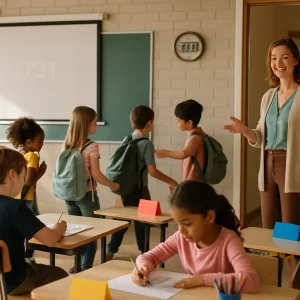 Sunlit wide-angle photo of an elementary classroom at the start of a lesson: a smiling teacher at the doorway uses a small handheld chime to welcome a diverse group of students who hang backpacks on hooks and take their seats. Some children immediately do quick warm-ups — solving simple worksheets or sketching — while others pick up colored group cards and pencils; desks are organized with ready materials and role cards, and a wall-mounted digital timer and projection screen are intentionally soft and out of focus. Warm morning light, candid documentary feel, shallow depth of field, high-resolution photorealism.
