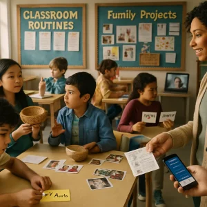 Documentary-style scene of a sunlit multicultural classroom where students collaborate in small groups: one child writes a home-language word in Spanish, Arabic or Chinese on a sticky note, another presents a woven basket or hand drum as classmates ask questions, pairs use printed sentence-frame cards for think–pair–share and a jigsaw group swaps short mixed-language texts. A project table displays a bilingual poster, printed family photos and a tablet playing a community interview; the teacher hands multilingual home notes while a phone shows a translation app and a laptop at the side brings a parent into the room virtually. Warm natural daylight, candid expressions, realistic textures and a shallow depth of field give the 35mm documentary composition an intimate, everyday-hero feel; bulletin boards labeled 'Classroom Routines' and 'Family Projects' anchor the scene.