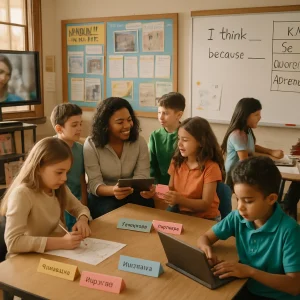 Warm natural light fills a lively elementary classroom where a teacher kneels beside a small group conducting a quick sticky-note survey and a tablet mini-interview. A whiteboard displays sentence frames I think ___ because ___ and a bilingual KWL chart while mixed-language groups work with visible role cards (summarizer, questioner, illustrator, reporter); one student sketches a labeled diagram as another types on a tablet. Walls and tables showcase bilingual glossaries, a Language of the Day corner, a cultural spotlight, a large community map and student-made artifacts (recipes, family notes, timelines); captioned video, visual organizers and concept maps provide multimodal supports. The candid, documentary-style moment captures an intentional, supportive classroom where home languages are honored and students collaborate and prepare short L2 presentations with confidence.