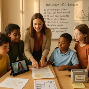 Warm photorealistic editorial image of a modern inclusive classroom: a diverse group of middle/high-school students — including a student in a wheelchair — gather with a teacher in warm daylight as they review mixed-format student work laid across a table (a printed essay with a sticky-note reading 'Strength: clear reasoning. Next: add specific evidence', a tablet playing a captioned student video, and a hand-drawn diagram), demonstrating multiple ways to show learning. Nearby a readable checklist titled Inclusive UDL Lesson lists concise checkpoints, a visible rubric maps Understanding, Reasoning and Clarity across Essay and Video, a wall chart hints at outcome distribution and standard deviation, and an exit-ticket tray shows cards asking 'What helped you learn?' and 'What will you try next time?'. Accessibility cues — large-print handouts, tactile manipulatives, captions on the tablet — and a shallow depth of field, crisp textures, and warm natural light give the scene a candid, collaborative editorial feel perfect for a how-to feature on formative assessment and UDL.