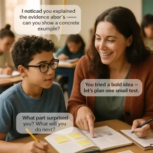 Photorealistic medium close-up of a teacher kneeling beside a middle-school student at a sunlit classroom table, the teacher smiling and pointing to a notebook filled with post-it notes and a printed three-slide learning-story sheet. Tasteful semi-transparent speech bubbles hover with short feedback prompts — noticing clear evidence and asking for a concrete example, celebrating a bold idea and suggesting a small test, and inviting reflection on surprises and next steps. Diverse classmates work quietly in the soft-bokeh background while exit-ticket cards and a clipboard with a teacher's support commitment sit nearby; warm natural light, realistic tones, and candid composition convey a calm, supportive learning moment.