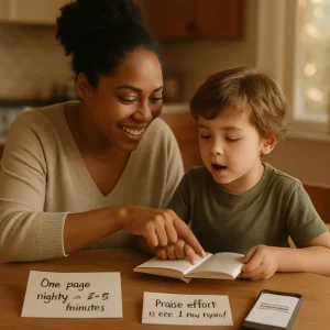 Warm late-afternoon scene of a diverse caregiver and young child at a cozy kitchen table; the child reads one page aloud while the caregiver smiles, listens and gently points to a single word to correct. A handwritten note on the table reads 'One page nightly - 2-5 minutes' and a small card says 'Praise effort; correct 1 new word'; a smartphone nearby shows a message bubble inviting feedback. Soft bokeh, shallow depth of field, neutral warm tones, candid strengths-based moment with clean copy space for an article title.