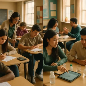 Documentary-style image of one classroom split into two approaches: left, a quiet row of students heads-down on paper practice and calculators with a teacher circulating; right, small collaborative groups around a tablet and hands-on items (household bottles, pH meter, beakers) and a duo rehearsing a spirited debate. Warm natural daylight, shallow depth of field and balanced composition emphasize the contrast between solitary concentration and active inquiry; no visible text or labels.