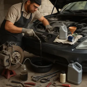 A photoreal editorial frame showing a hands‑on, resource‑constrained garage: a gloved, goggle‑wearing mechanic in an apron kneels by a removed wheel with an open caliper and clear bleed tube draining dark fluid into a jar; jack stands and wheel chocks visible. Midground under an open hood the same mechanic removes an oil drain plug with oil flowing into a pan while a new oil bottle, replacement filter and funnel rest on a clean rag. Radiator cap off reveals coolant in the neck beside a simple syringe/bleed pump and small plunger. Scattered low‑cost tools (adjustable spanner, strap wrench, pliers, wire brush, screwdrivers) and consumables (sealed used‑oil container, brake fluid bottle, rags) convey practical, affordable work. Subtle improvised repairs (epoxy patch on a small radiator leak, rubber sleeve with hose clamp on a brake‑line leak) imply temporary fixes. Natural daylight, realistic grime and shallow depth of field emphasize instructional clarity and safe practices (jack stands, chocks, PPE) for an article on lubrication, cooling and braking systems.