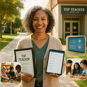 A cinematic, photoreal editorial portrait of a smiling, diverse teacher standing on a sunlit campus pathway that leads to a modern classroom labeled 'Top Teacher Theory 2'; the teacher holds a course certificate and a tablet displaying a lesson-plan app while surrounding vignettes show preschoolers in play-based learning, older students collaborating on real-life skills projects, and a wall screen with icons for 'Digital Pedagogy' and a heart symbol for social-emotional learning — warm natural light, shallow depth of field and an inviting palette leave negative space at the top-left for an article headline.