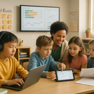 Editorial photoreal image of a modern classroom where a diverse teacher kneels with a small group, pointing to a tablet displaying a clean adaptive-learning interface; nearby a student works on a laptop with headphones while another uses a paper worksheet as an offline alternative. A wall-mounted monitor in the background shows a teacher dashboard with color-coded mastery bars, simple progress graphs and mean/SD indicators; classroom details—goal-setting posters, sticky-note learning plans, books and supplies—are warmed by natural window light, captured with shallow depth of field and candid authentic expressions in a high-resolution horizontal composition suitable for an article header.