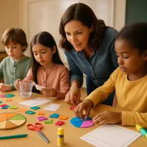 A photorealistic candid classroom close-up of a diverse group of elementary students gathered around a table, colorful fraction tiles and paper pizza templates showing one half matched to two quarters, a student using measuring cups and recipe cards to model scaling, scissors, glue stick, markers and a blank recording sheet scattered among realistic textures, a teacher leaning in to guide the work, warm natural light and shallow depth of field, whiteboard blurred in the background with no readable text or labels, documentary-style composition.