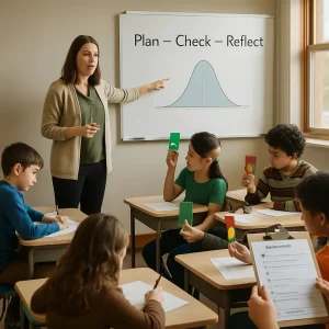 A candid, photoreal editorial shot of a modern elementary/middle classroom where a teacher models a think-aloud at the front, pointing to a whiteboard reading "Plan — Check — Reflect" and a projected distribution graph with a wide spread of outcomes. Diverse students fill one-page planning templates, write 1–2 sentence exit reflections, hold traffic-light cards and do partner checks while a teacher holds a clipboard with a visible quick checklist and a rubric item labeled "strategy/reflection"; warm window light, shallow depth of field, supportive collaborative atmosphere, and negative space on the left reserved for a headline.