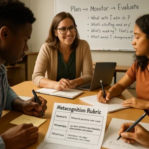 Photorealistic classroom close-up of a diverse small group preparing for a high-stakes task: a teacher leans in to guide students around a table strewn with notebooks, laptops and sticky notes while a printed Metacognition Rubric sits clearly visible with sample criteria — Planning: sets clear, realistic process goals; Monitoring: regularly checks understanding and adjusts strategy; Reflection: evaluates choices and identifies next steps. The whiteboard in the background shows the flowchart Plan → Monitor → Evaluate and a checklist of prompts (What will I aim to do? Which strategy and why? What's working? What's not? What would I change next time?). Warm, natural classroom light and shallow depth of field focus attention on a close-up of hands writing a process goal on a sticky note and another student justifying a strategy on paper, high-resolution photorealism conveying thoughtful, collaborative preparation.