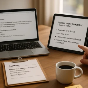 Photorealistic editorial shot of a modern teacher's desk bathed in warm daylight. A laptop displays an open email draft summarizing a student's score change and next steps; a clipboard holds a printed portfolio blurb with current level, a concrete strength and a next step dated 2025; a propped tablet shows an assessment snapshot slide listing average, SD, key gap, instructional responses and a request for leadership. Shallow depth of field and crisp, readable placeholder text draw attention to a subtle teacher's hand pointing at the screen. Pen, coffee cup and a sticky note marked with a Ctrl+C copy icon complete the tidy, high‑resolution composition, conveying organized, collaborative momentum.