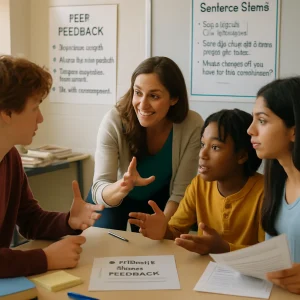 A candid eye-level shot of a teacher kneeling to coach a diverse group of four middle/high-school students as they practice peer feedback. A printed handout labeled '3-minute peer feedback' and a wall poster listing Start with a strength / Ask one clarifying question / Suggest one specific improvement / End with encouragement are clearly visible alongside a sentence-stem sheet and a whiteboard with prompts like 'Explain this to your partner...', 'Show the step where most people get stuck', and 'What evidence do you have for that conclusion?'. Warm natural daylight, shallow depth of field, and crisp focus on faces and hand gestures capture a thoughtful, supportive, student-centered moment that illustrates how precise teacher language and concrete prompts foster collaboration and learning.