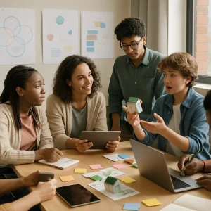 A warm, candid, high-resolution image of a modern student-centered classroom where a diverse group of middle and high-school students collaborates around a table strewn with laptops, tablets, paper prototypes, sticky notes and hands-on materials. One student in a wheelchair presents a small model while peers give constructive feedback and the teacher kneels nearby with a tablet, coaching. Other students reflect in notebooks and peer-assess quietly as a wall of visual diagrams without text anchors the scene. Natural window light bathes realistic faces and textures, conveying inclusion, active learning and thoughtful critique.