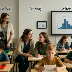 Photorealistic editorial image of a modern classroom split into three zones. Left (Before): a teacher with a tablet walks between desks as students take a quick diagnostic quiz; colored table markers show groupings and the teacher’s tablet displays checkboxes and notes about prior knowledge. Center (During): a teacher kneels to deliver conversational feedback while two students peer-assess and one writes a self-assessment; a wall-mounted screen shows a live tracker assigning students to support groups. Right (After): the teacher at an interactive whiteboard reviews a histogram annotated with mean and standard deviation alongside an item-analysis table and sticky-note interventions, contemplating next steps. Diverse students and teacher, soft natural window light, shallow depth of field, balanced editorial composition.
